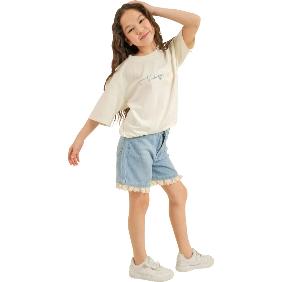ÇİÇEK BRODE KOT ŞORT TAKIM  7Y,8Y,9Y,10Y Kız
