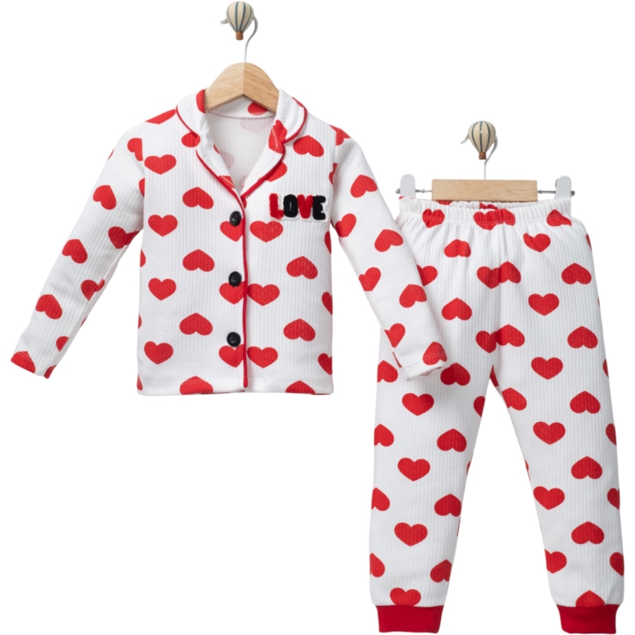 KALP BASKI LOVE SÜZENE NAKIŞLI YAKALI KIZ ÇOCUK PİJAMA TAKIM 1/3 YAŞ