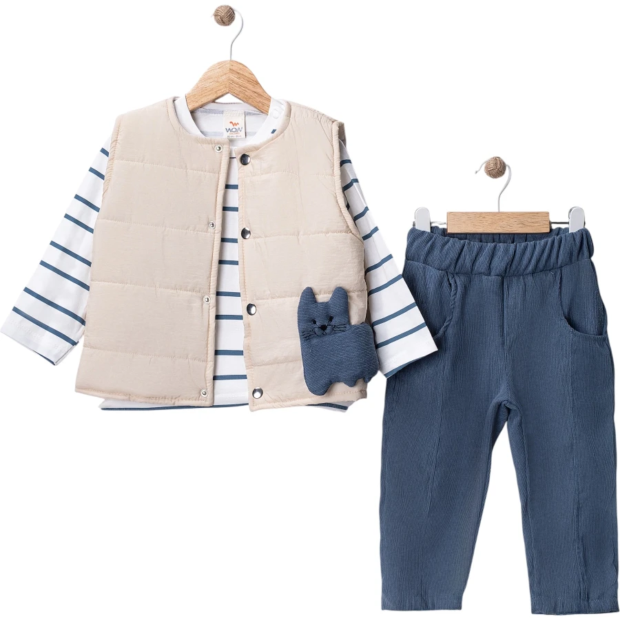 KEDİ ŞİŞİRME NAKIŞLI YELEKLİ KADİFE PANTOLONLU TAKIM 9 Ay,12 Ay,18 Ay,2Y Erkek