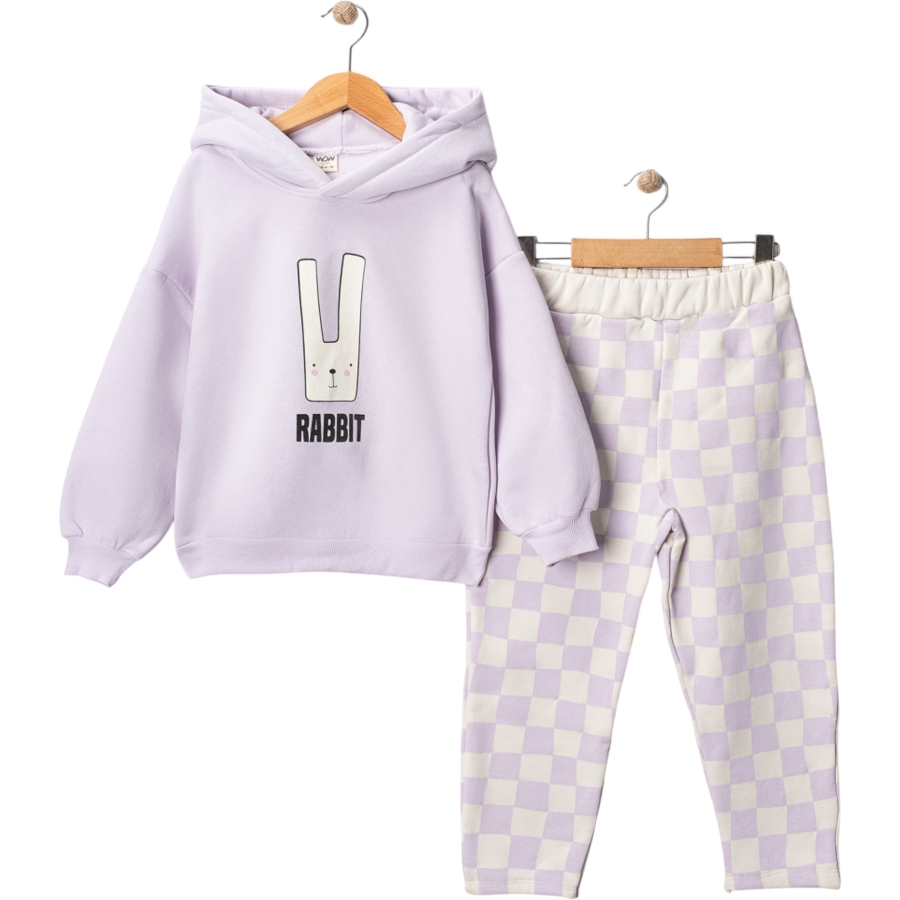 RABBIT BASKILI KAPÜŞONLU ÜÇ İP KIZ TAKIM 5/8 YAŞ