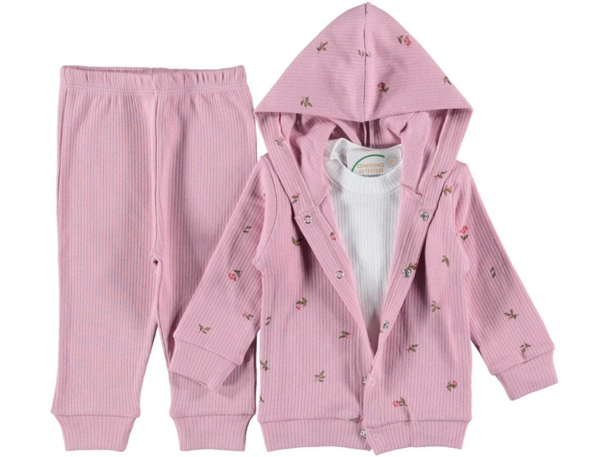 KIZ BEBEK ÇİÇEK DESEN KAPŞONLU 3 LÜ TK 3/9 AY