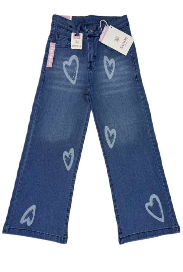 KIZ ÇOCUK AÇIK MAVİ KALP BASKILI KOT PANTALON 13/16 YAŞ