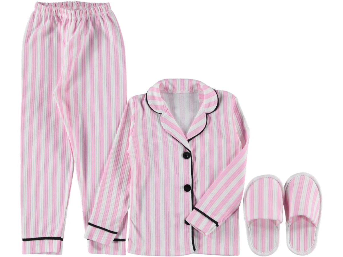 PEMBE ÇİZGİLİ TERLİKLİ 3LÜ PİJAMA TAKIMI 1/3YAŞ