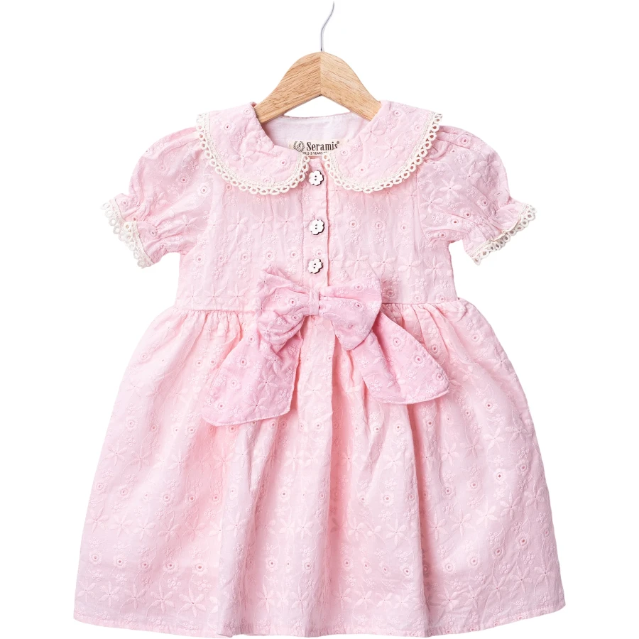 KOLU LASTİKLİ BEBE YAKA FİYONKLU ELBİSE 2Y,3Y,4Y,5Y Kız