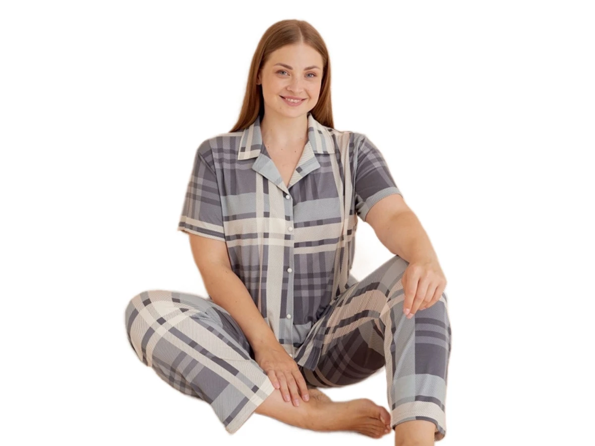 MİLAN BATTAL DÜĞMELİ KISA KOL BAYAN PİJAMA TAKIM 3XL/5XL