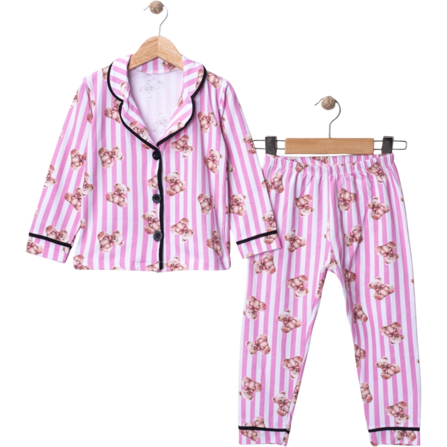 PEMBE ÇİZGİLİ AYICIKLI YAKALI KIZ ÇOCUK PİJAMA TAKIM 4/6 YAŞ