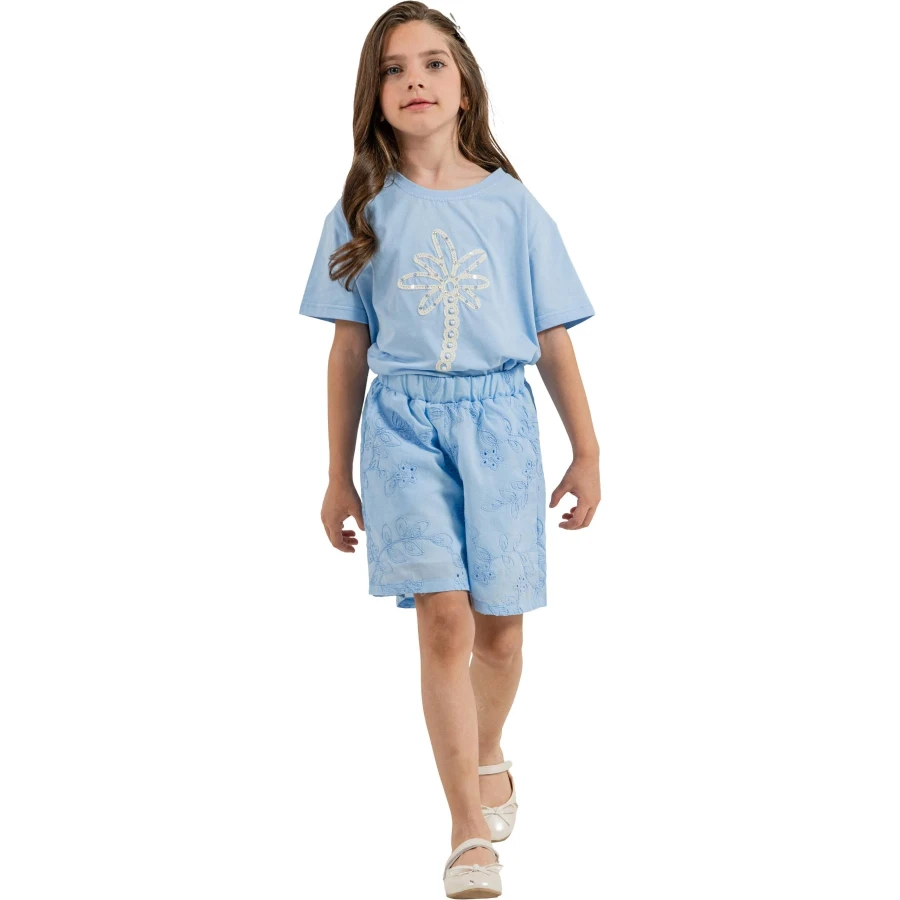 VUAL KETEN  İNCİ PALMİYE ŞORT TAKIM 6Y,7Y,8Y,9Y,10Y Kız