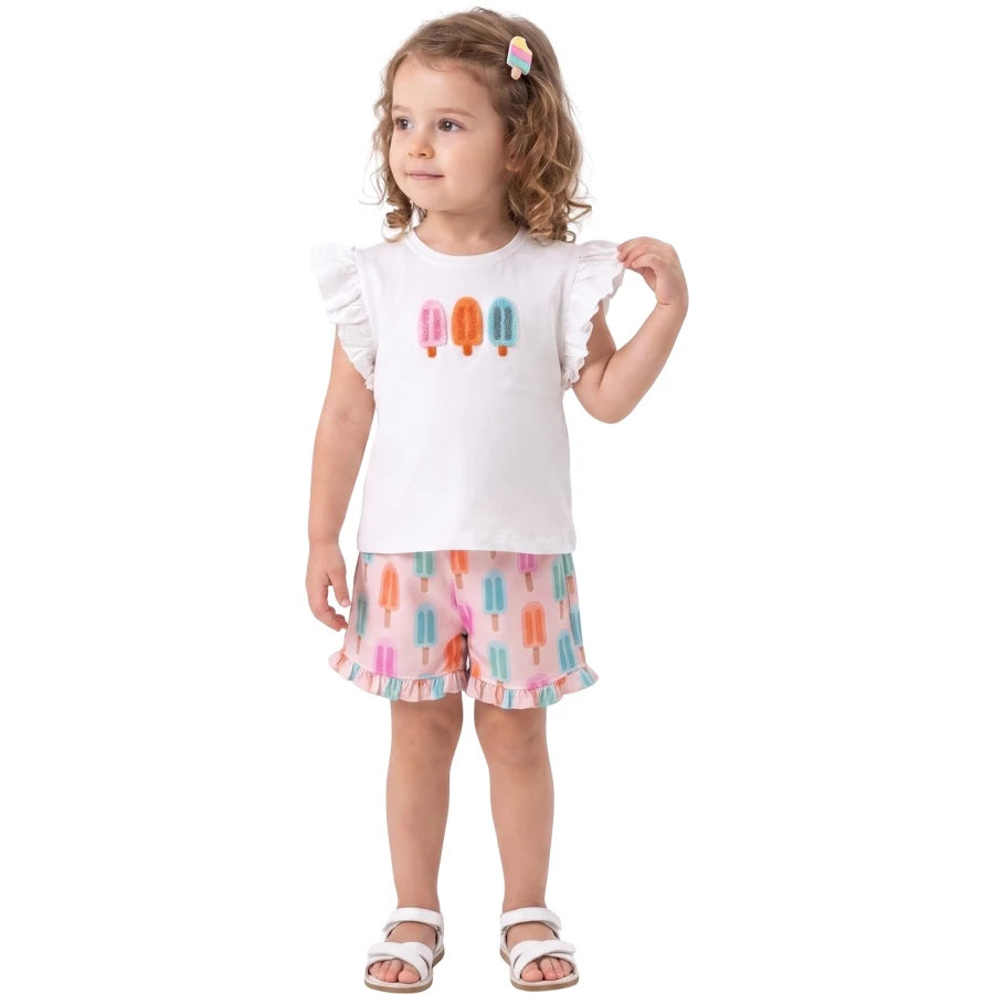 YAZLIK DONDURMA SÜZİNE NAKIŞLI ŞORTLU TAKIM 12 Ay,2Y,3Y,4Y Kız