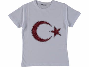 BEYAZ TAŞLI APLİKELİ AY YILDIZLI KIZ TSHİRT 14/16 YAŞ