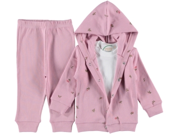 KIZ BEBEK ÇİÇEK DESEN KAPŞONLU 3 LÜ TK 3/9 AY