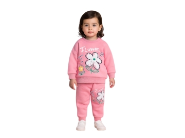 KIZ BEBEK FLOWER BASKILI ÇİÇEK DETAYLI ÜÇ İP KIZ TAKIM 6/24 AY