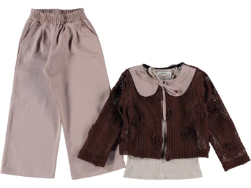 GÜL DANTELLİ PANTOLONLU ÜÇLÜ TAKIM 5/8 YAŞ