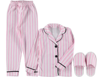 PEMBE ÇİZGİLİ TERLİKLİ 3LÜ PİJAMA TAKIMI 1/3YAŞ