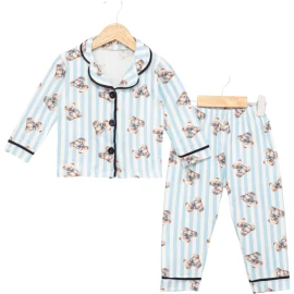 MAVİ ÇİZGİLİ AYICIKLI YAKALI PIJAMA TAKIM  4Y,5Y,6Y Erkek