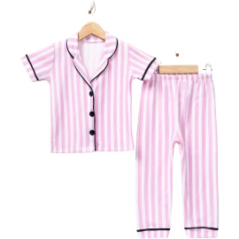 PEMBE ÇİZGİLİ KISA KOLLU YAKALI PİJAMA TAKIM  4Y,5Y,6Y Kız