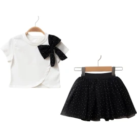 ŞİFON TAŞLI FİYONK DETAYLI KIZ TAKIM 2/5 YAŞ