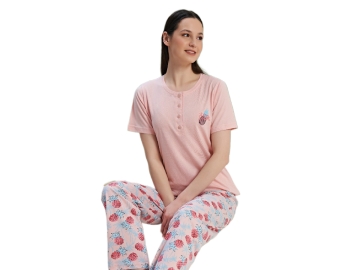 ÖNDEN DÜĞMELİ KIS KOL BAYAN PİJAMA TAKIM S/XL